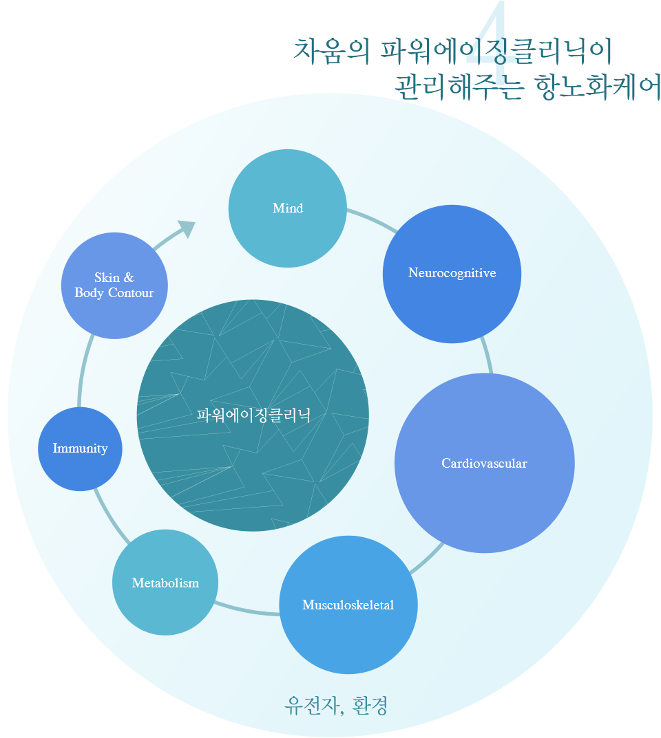 차움의 파워에이징클리닉이 관리해주는 항노화케어, Mind -> Neurocognitive -> Cardiovascular -> Musculoskeletal -> Musculoskeletal -> Immunity -> ContourSkin & Body