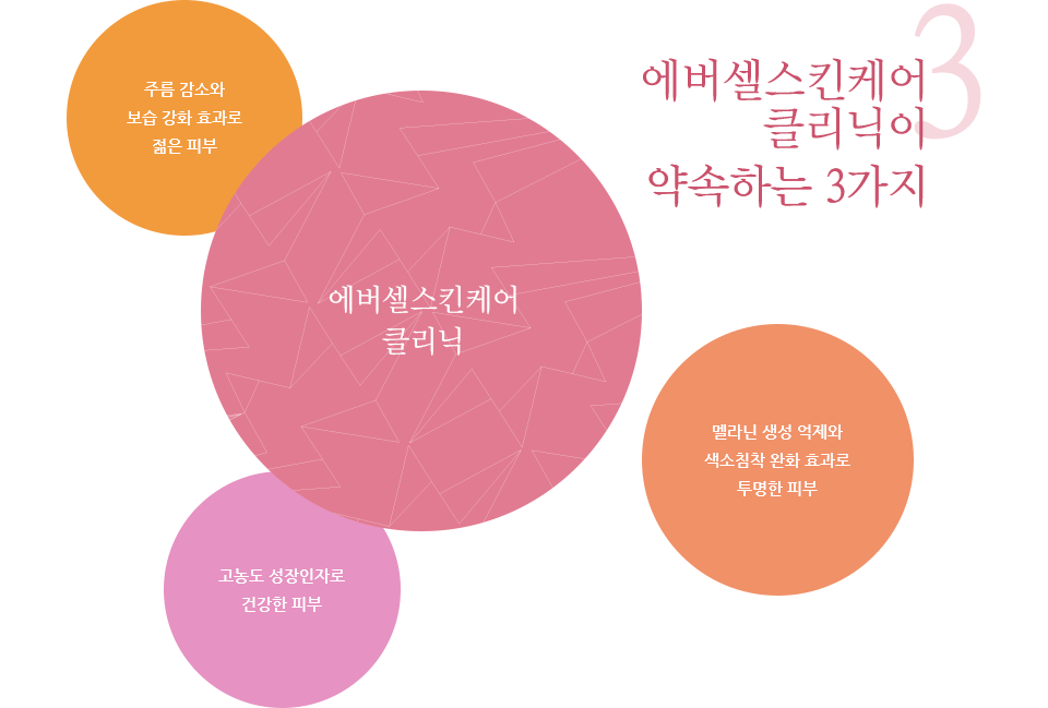 에버셀스킨케어 클리닉이 약속하는 3가지. 주름 감소와 보습 강화 효과로 젊은 피부. 멜라닌 생성 억제와 색소침착 완화 효과로 투명한 피부. 고농도 성장인자로 건강한 피부.